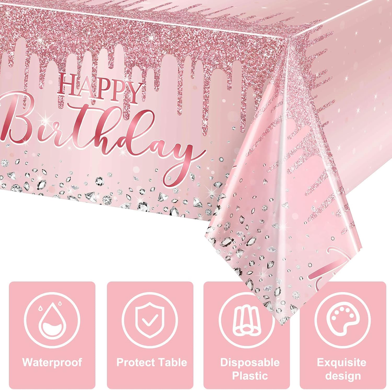 3 Pcs Pink and Rose Gold Tablecloths Glitter Diamond Table Cover Girl Party Glitter Table Cloths Sequin Printed Plastic Tablecloths for Girl Women Birthday Wedding Party, 54 x 108 in (Happy Birthday)