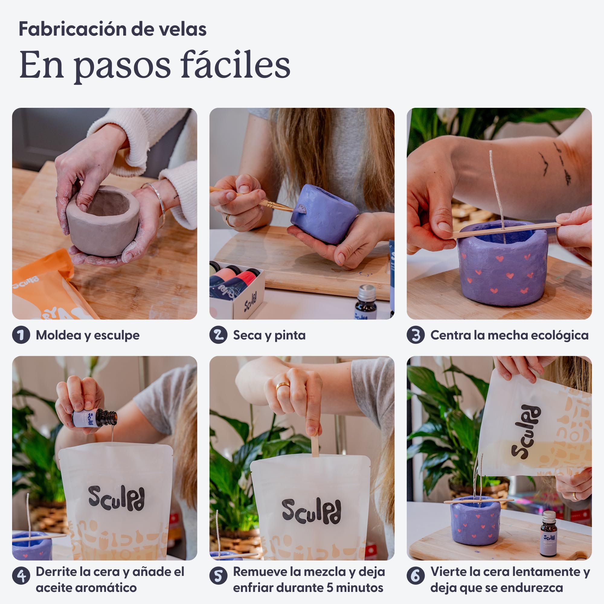 Sculpd Kit de alfarería para principiantes (2 adultos) para hacer velas con arcilla secada al aire, con cera de soja ecológica, aceite aromático, barniz, herramientas y guía (español no garantizado)