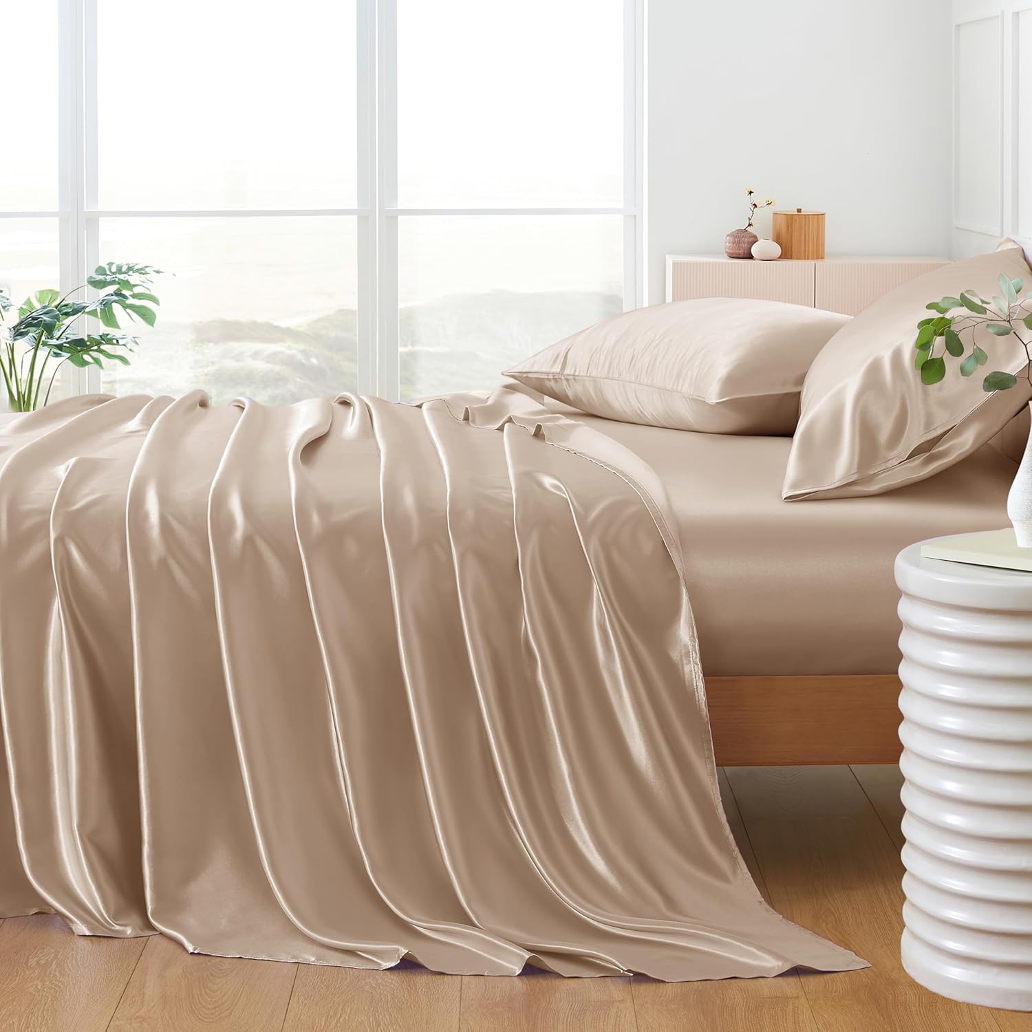 NA HommxJF 4PCS Taupe Satin Sheets King Size Taupe Silky Silk Sheets Sets Bedding Sets & Pillowcases with 1 Flat Sheet+1 Deep Pocket Fitted Sheet+2 Pillowcases