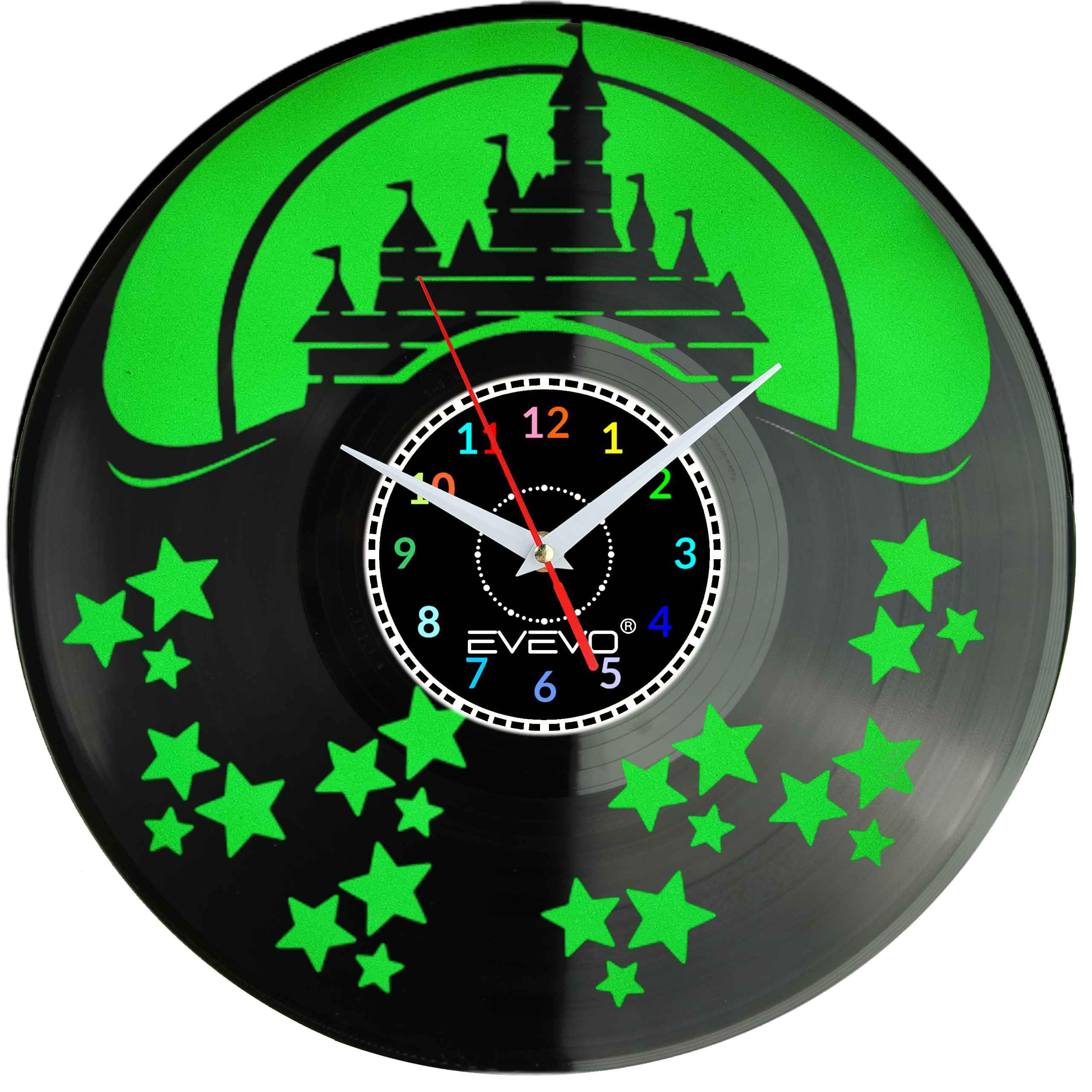 ZAMEK MYSZKI WALT DISNEY ZEGAR ŚCIENNY FLUORESCENCYJNE TŁO PŁYTA WINYLOWA PREZENT UPOMINEK URODZINY GIFT SOUVENIR EVEVO F0057