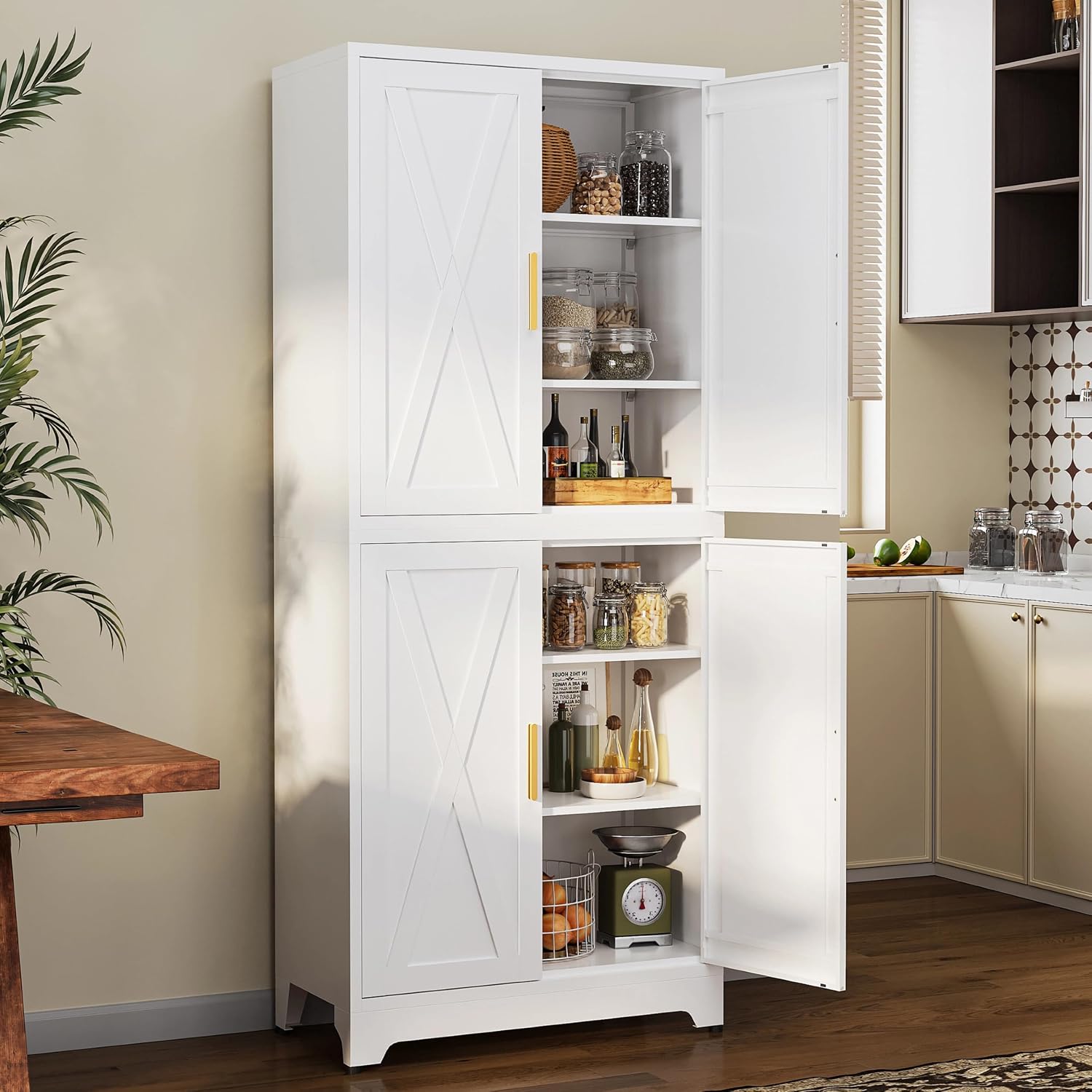 75" H Farmhouse Kitchen Pantry Storage Cabinet, Kitchen Buffet Storage Cabinet with 4 Barn Doors, 2 Adjustable Shelves, Cabinet for Kitchen Living Room Entryway, White