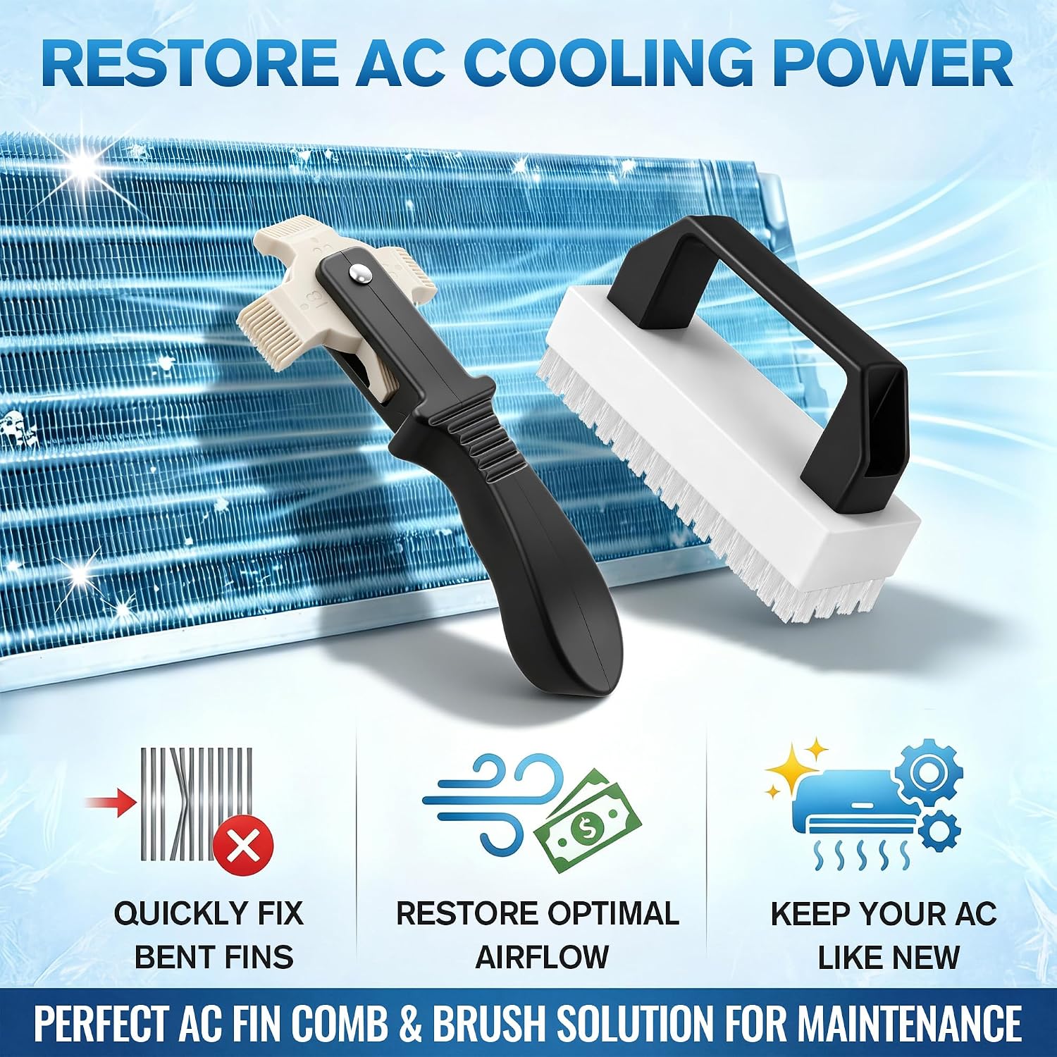 AC Fin Comb Set, 2 in 1 Air Conditioner Comb and Radiator Fins Straightener Tool, HVAC Coil Cleaning Brush, AC Fin Straightening Tool for Condenser Evaporator Radiator Repair, 16-22 Fins Per Inch