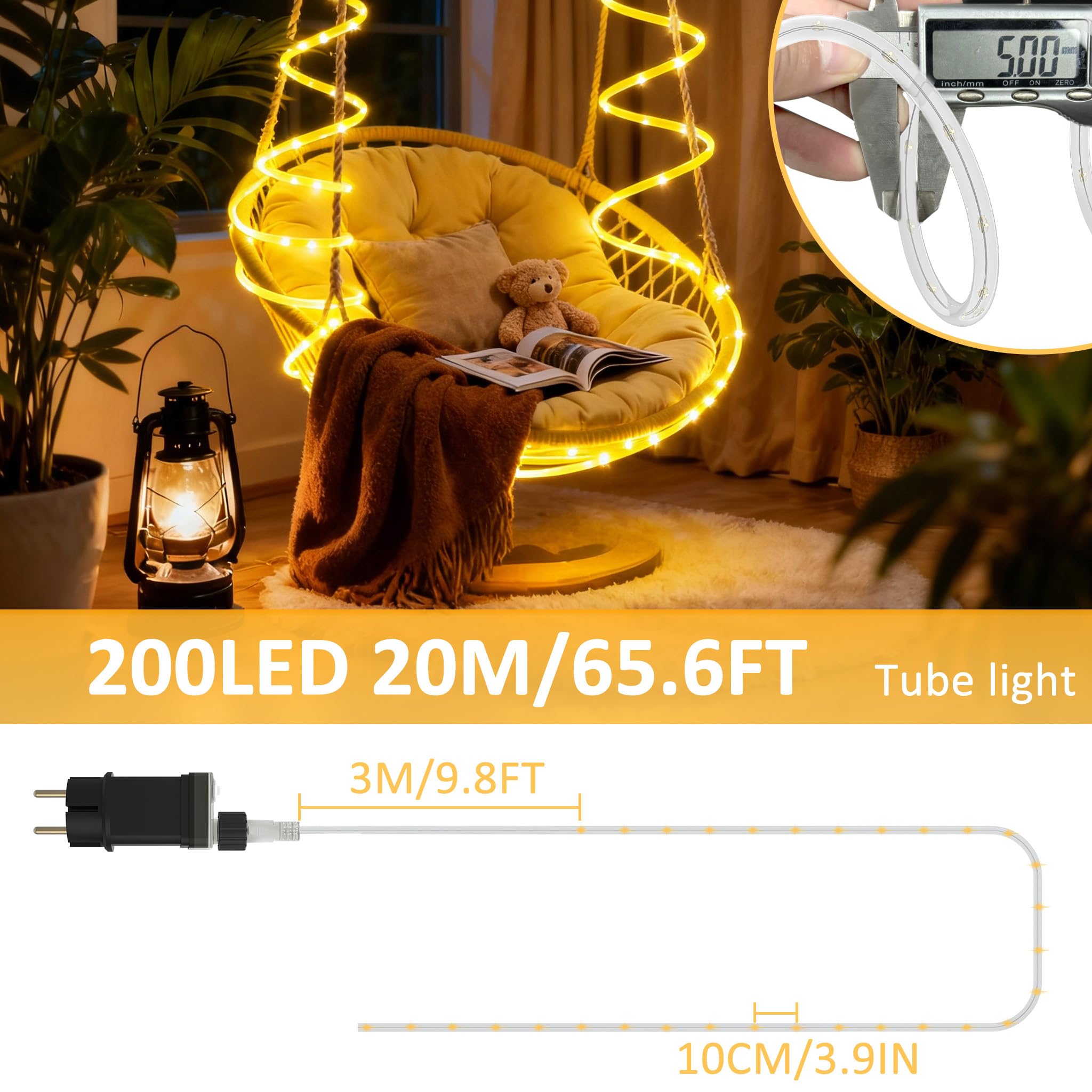YRHome 20 m, 200 LED, tubo luminoso con spina, tubo esterno con timer, 8 modalità e dimmerabile, IP44, impermeabile, luce decorativa bianca calda, per interni, feste, Natale, giardino, terrazza