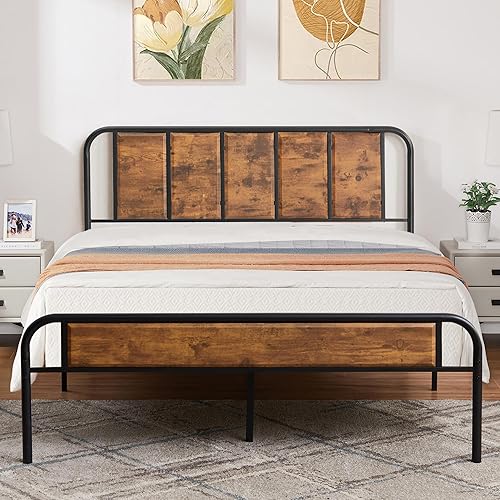 Miniatura 8 de VECELO Base de cama de plataforma de tamaño matrimonial con cabecero de madera, soporte de listones de acero resistente, relleno de colchón, no Gris