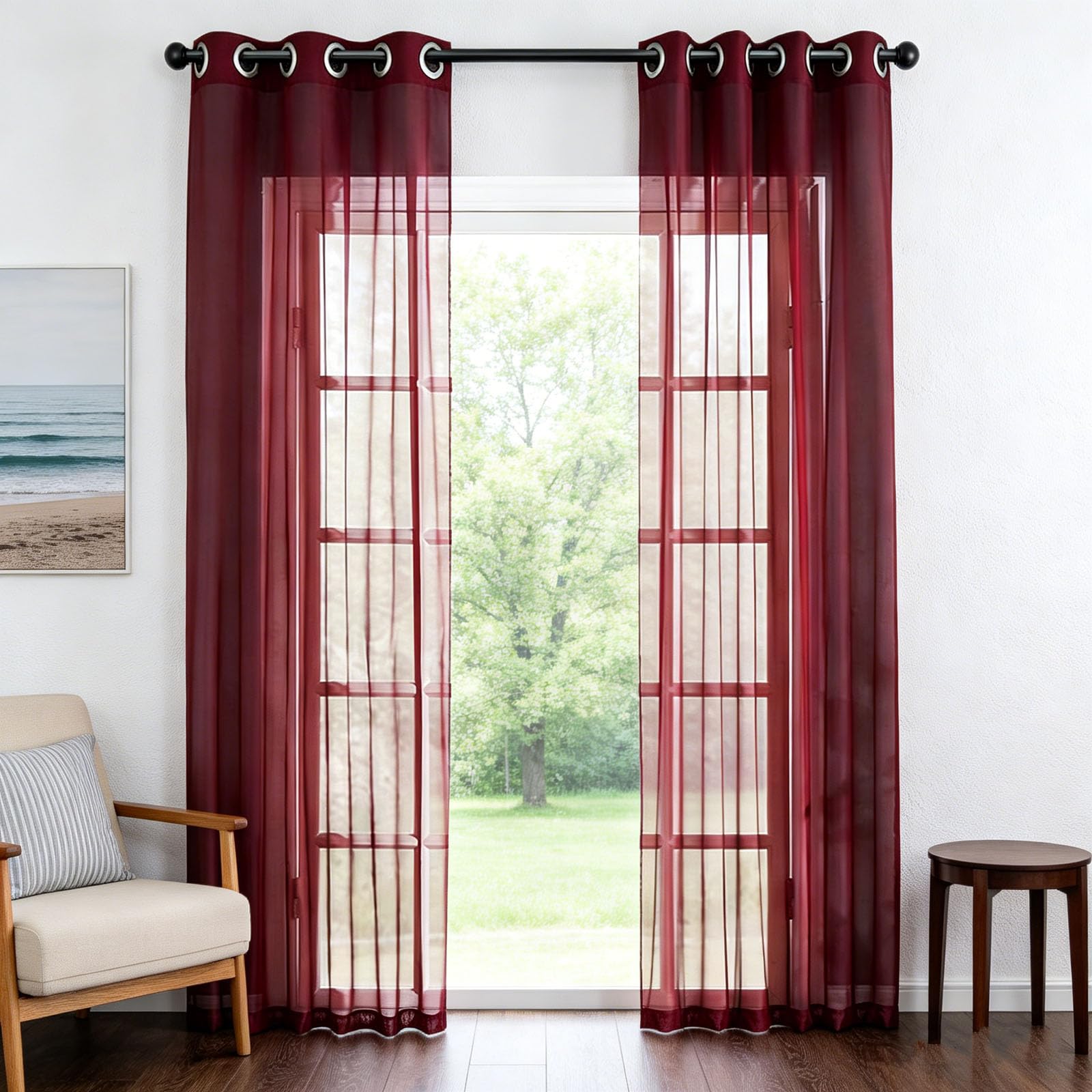 Voilage Salon Effet Lin Rouge 70x115 cm | Rideau Transparent Fenêtre