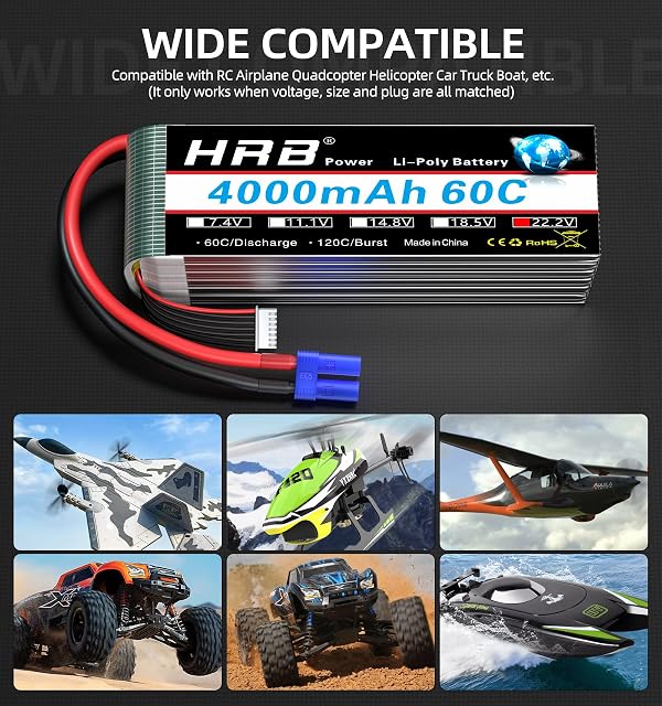 Foto 5 de 7 de HRB 2pcs 6S 22.2V 4000mAh 60C Lipo batteria con Spina EC5 per RC Quadcopter elicottero Auto camion Barca Hobby