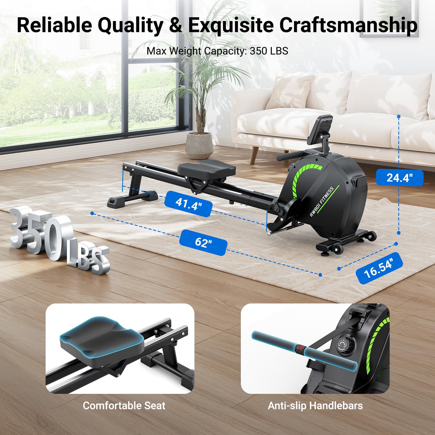 Dripex Maquina de Remo para Casa Silenciosa, Maquina Remo Magnética con 16 Niveles de Resistencia, Pantalla LCD con App Bluetooth, Estructura Estable, Capacidad de hasta 160 kg