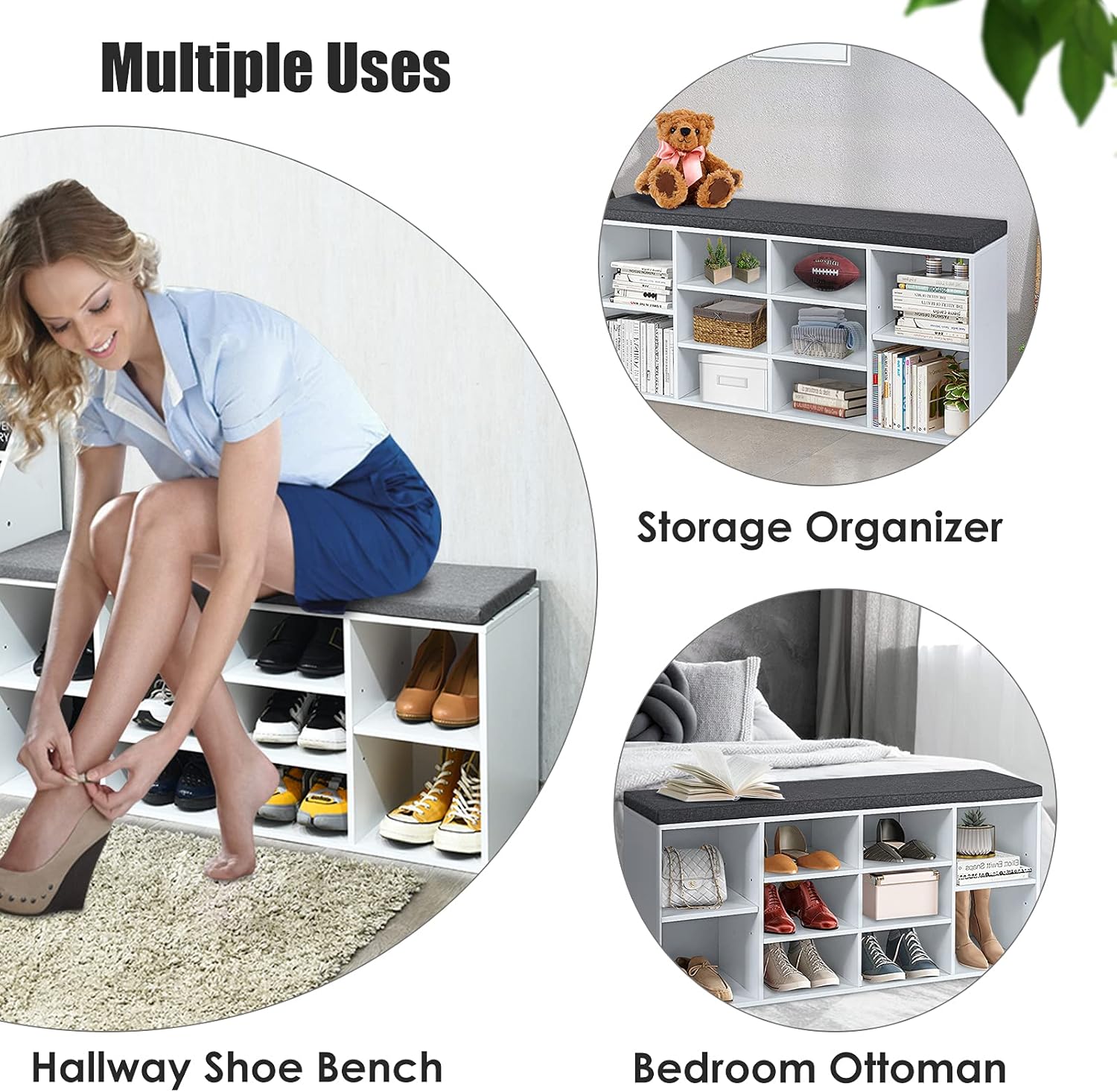 DORTALA Shoe Bench w/Padded Cushions, 10-Cube Storage Bench Cabinet w/Adjustable Shelves, Entryway Shoe Storage Bench, Cube Organizer Rack Cabinet for Living Room Bedroom, Hallway, White