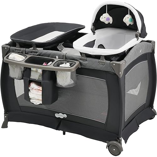 Pamo Babe Playard Portable Playard Foldable Playpen for Baby and Toddler Portable Crib Mattress Diaper Changer for Newborn (Grey)