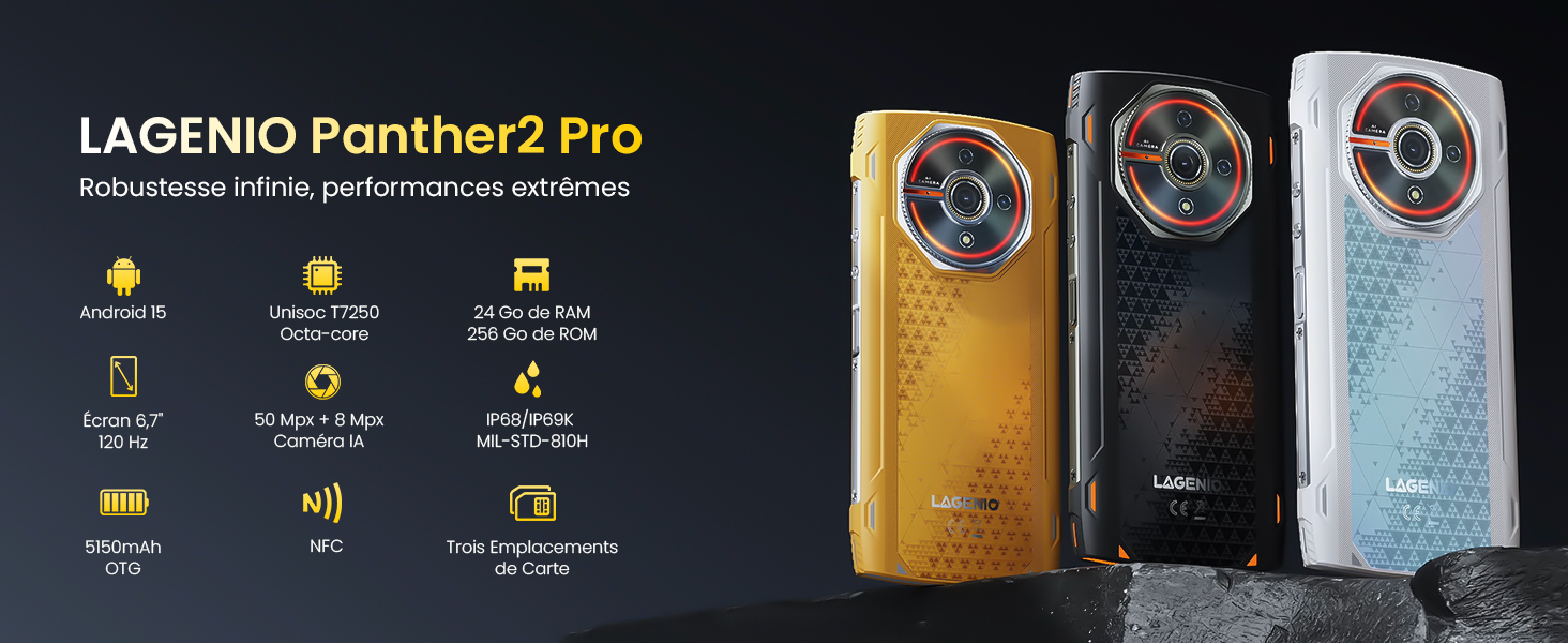Smartphone Incassable LAGENIO Panther2 Pro - Android 15, 24Go+256Go, écran 6.7" HD+ 120Hz, IP68/69K, 5150mAh, 50MP, NFC, Parfait Pour L'extérieur Et Les Chantiers