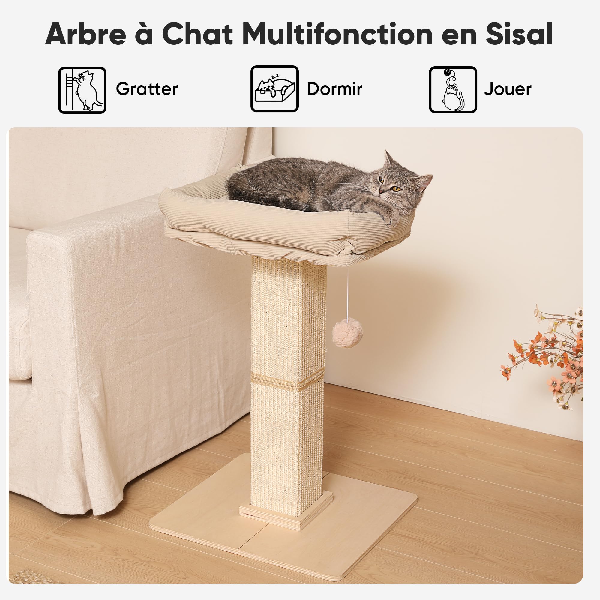 FUKUMARU Arbre à Chat, Style Rétro avec Perchoir pour Chats d'Intérieur, Grande Tour à Gratter avec Lit, Griffoir pour Chat Sisal Naturel et Bois Massif, Beige