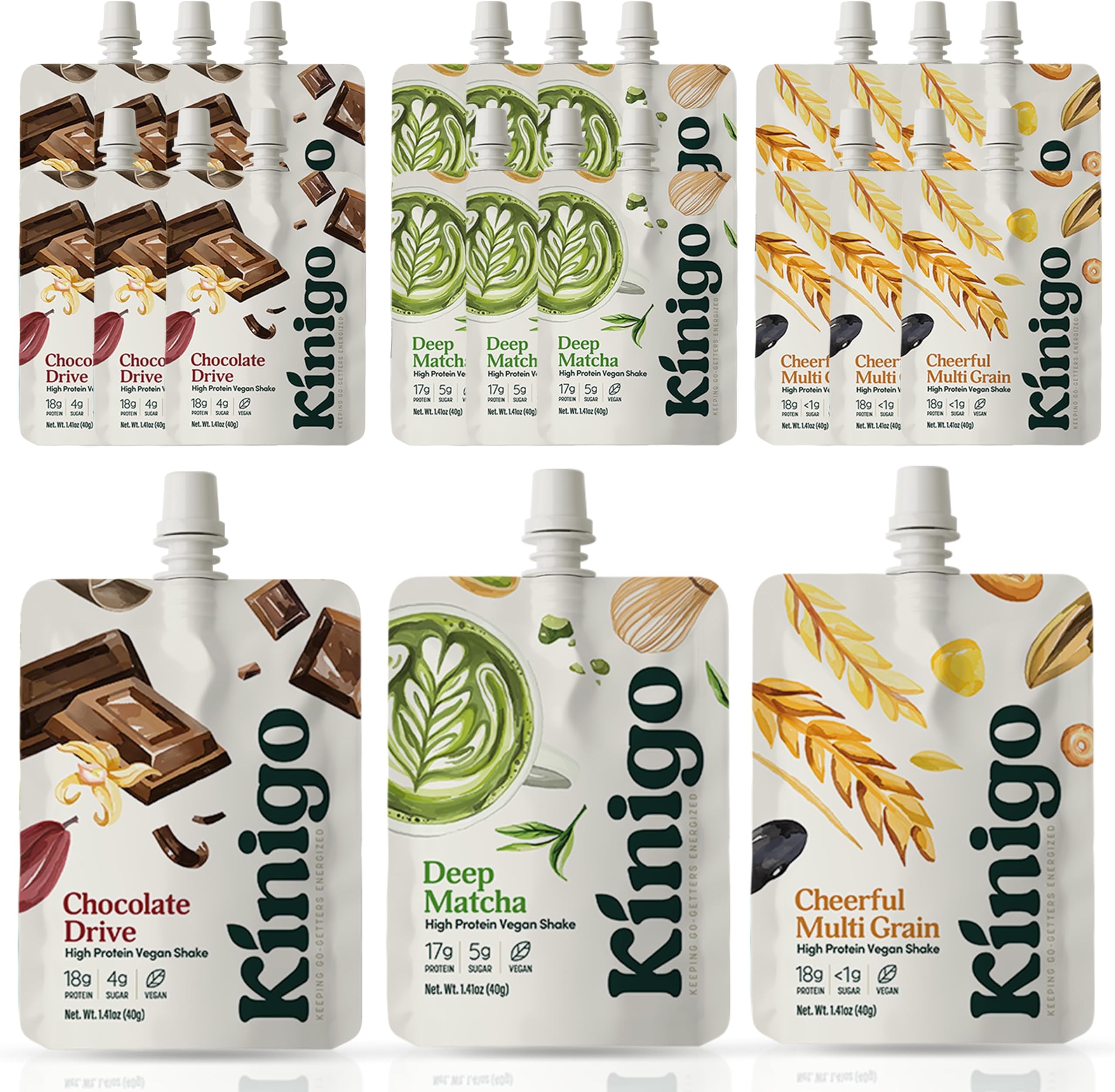 vegan high protein powder for meal replacement shake with Korean drinks flavor misugaru, matcha, and chocolate - great for plant protein shakes, breakfast drink 14+1 Pouches 5 of each flavor (3 Flavor Sampler)