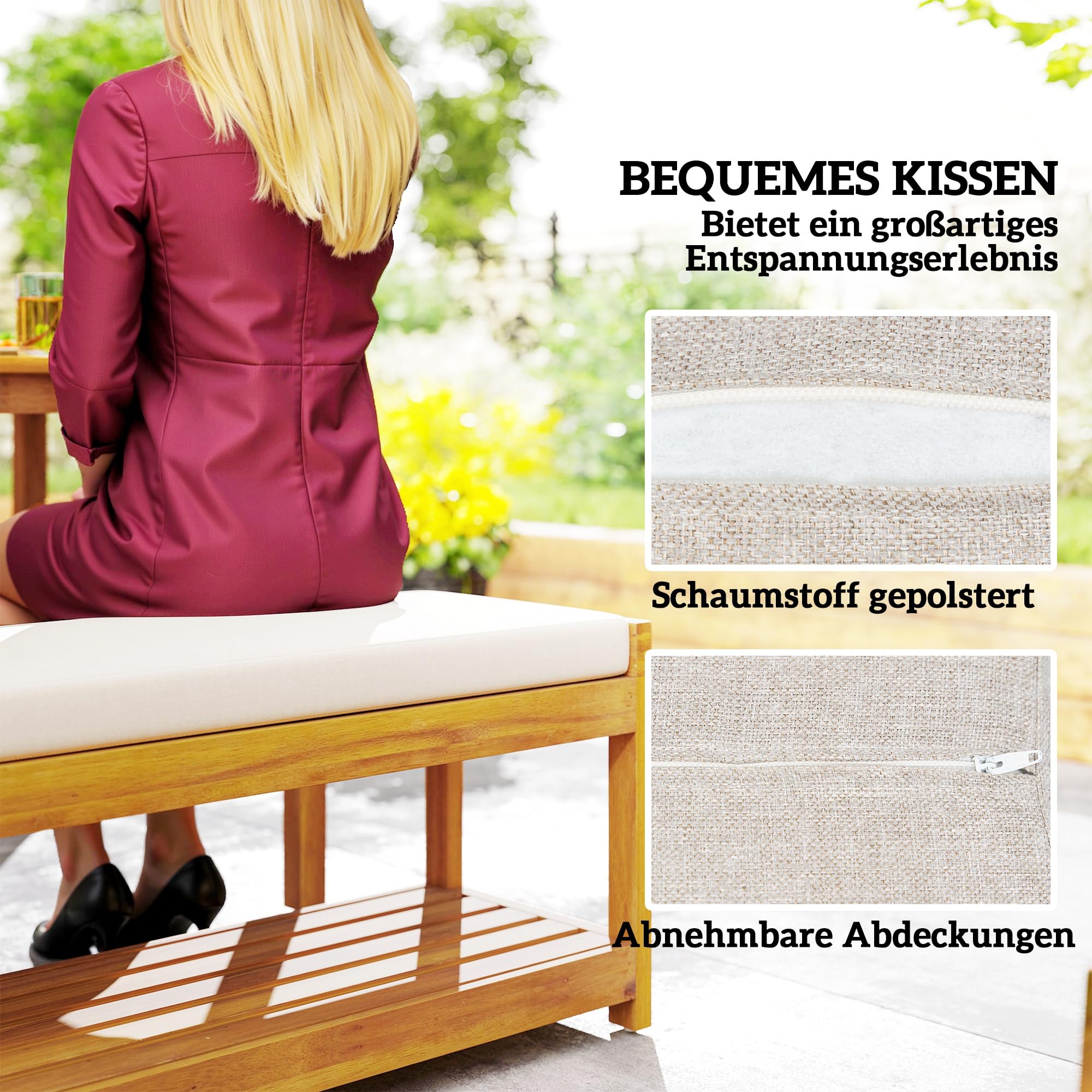Outsunny 3 TLG. Gartenmöbel-Set Akazienholz Sitzgarnitur inkl. 1 Esstisch mit Schirmloch, 2 Bänke, Balkonmöbel-Set, Gartengarnitur für Balkon, Terrasse, Teak