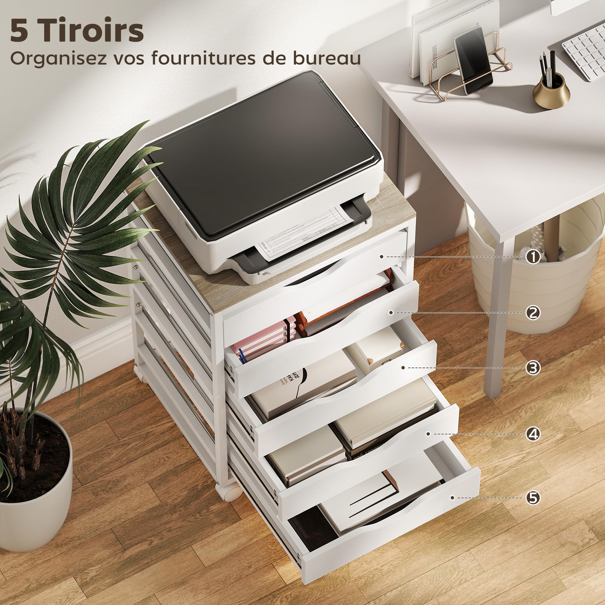 HOMCOM Caisson Bureau Mobile avec 5 Tiroirs Bois 50 x 40 x 74,5 cm Blanc