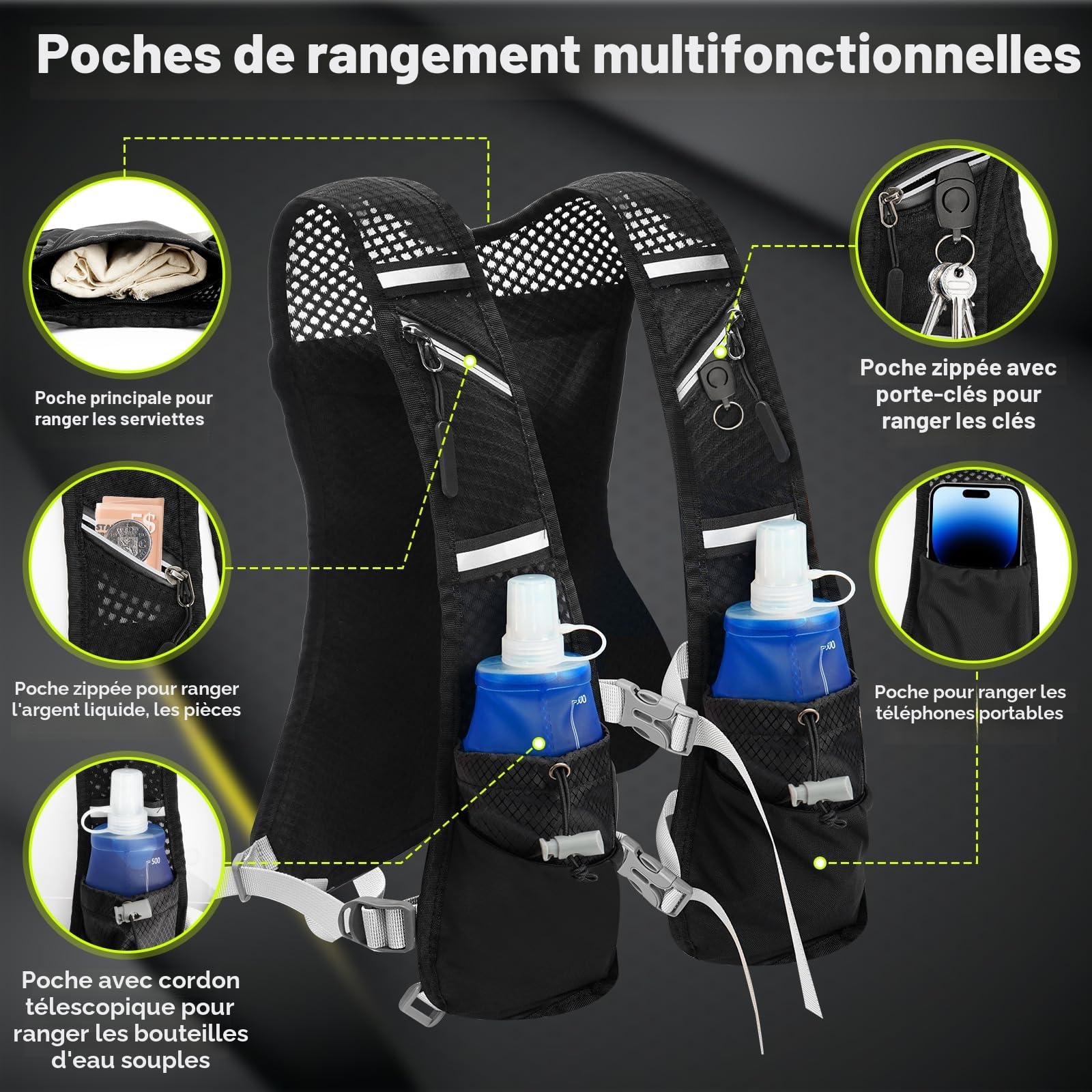 Gilet D'hydratation Running – 2 Flasques 500 Ml, 7 Poches, Dos En Maille, Léger 200 G, Réfléchissant, Unisexe