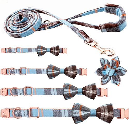 Miniatura 5 de Hilkycton Juego de correa de collar de perro a cuadros con corbatín ajustable y bonito collar para cachorros con hebilla de metal duradera para