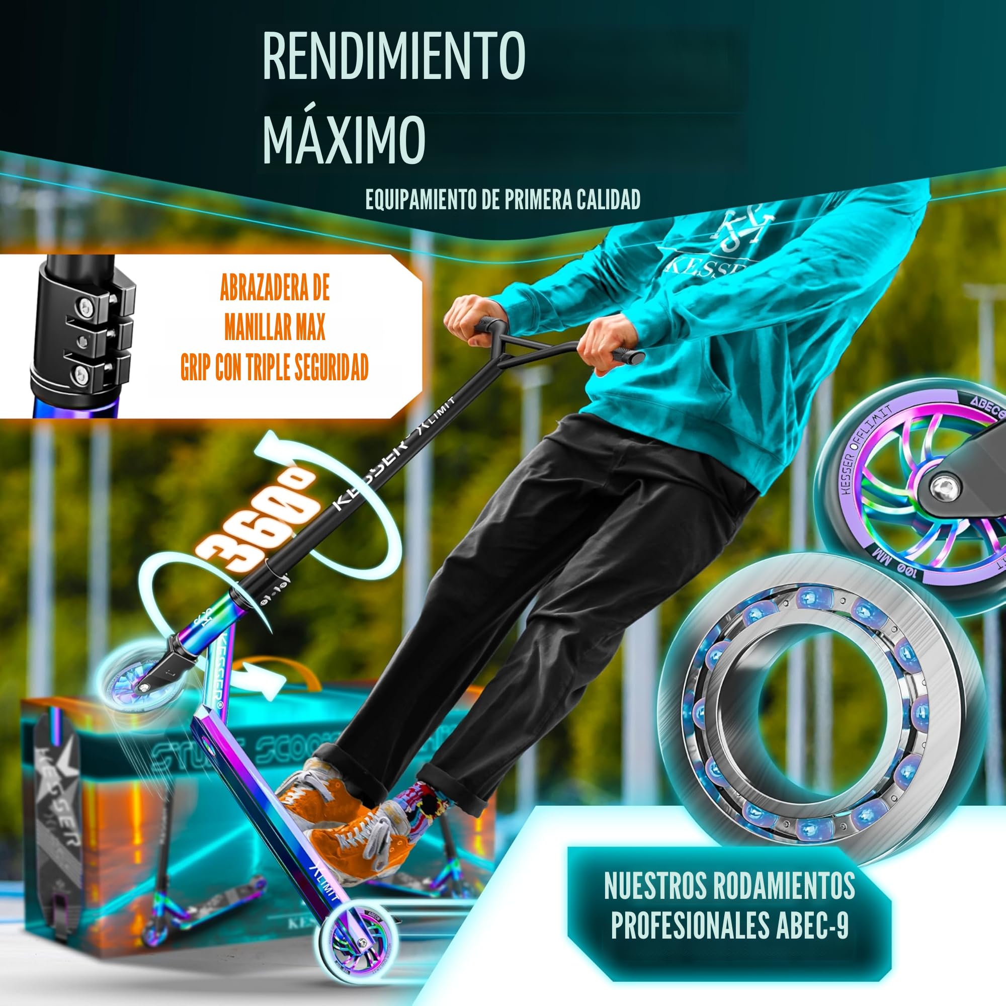 KESSER® Scooter Funscooter Stuntscooter X-Limit, conducción de 360° con cojinetes de Bolas ABEC 9, Ruedas de PU de 100 mm, Patinete Robusto, Patinete de Ciudad, Patinete de Trucos para niños y Adulto