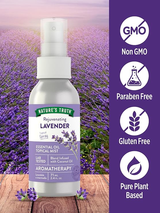 Nature's Truth Lavender Essential Oil Spray | 2.4 fl oz | Room Aroma Mist, Topical Use & Yoga