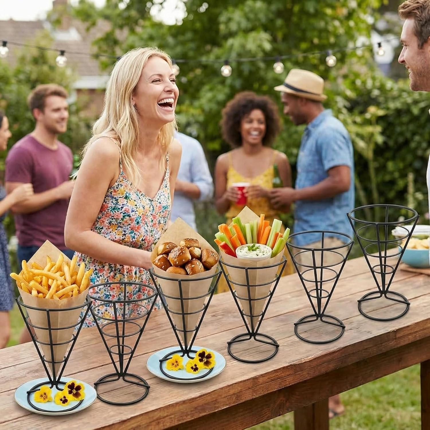 French Fry Holder Stand 6 Pack Black Stainless Steel Cone Snack Basket for Serving Appetizers Fried Chicken at Restaurant Party