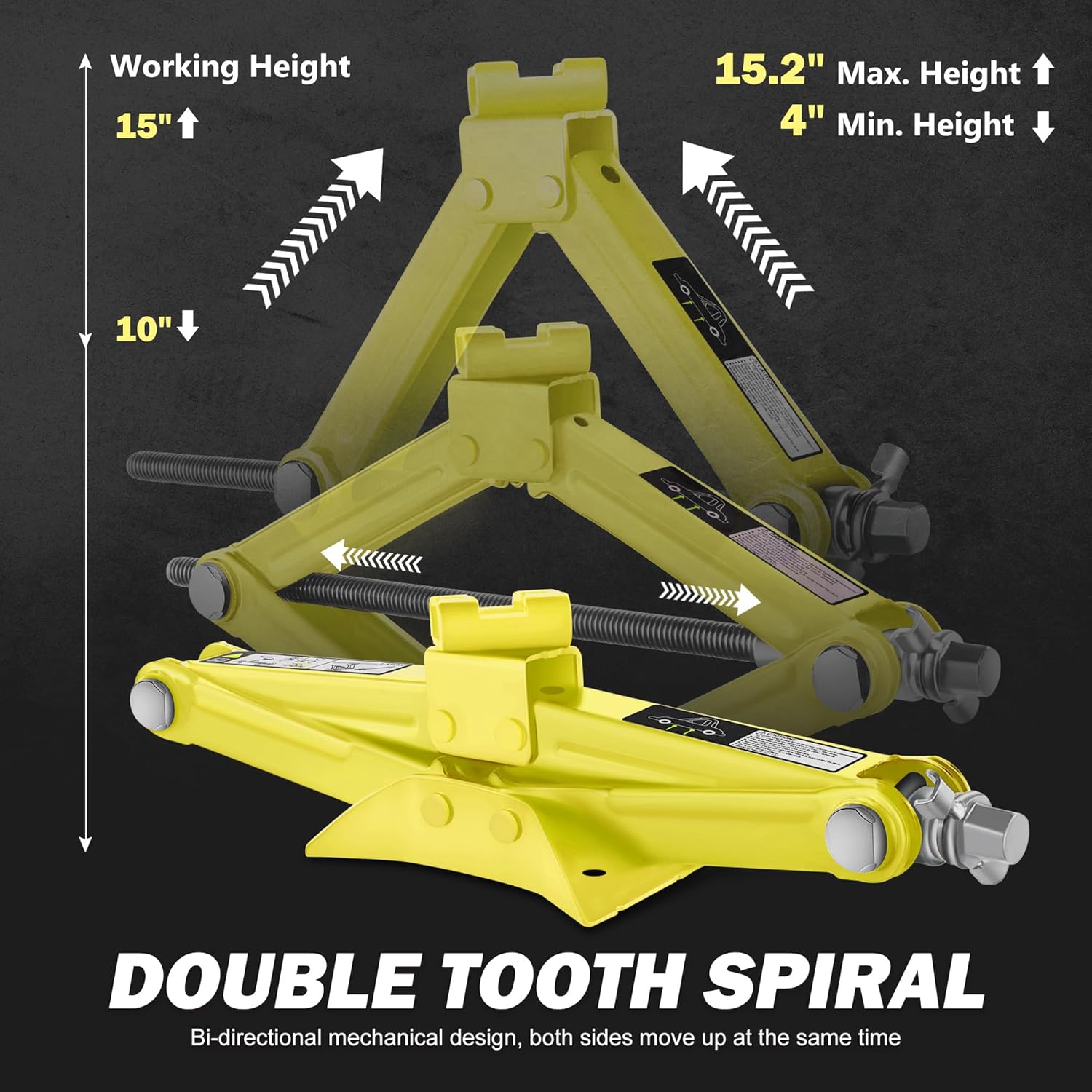 PM PERFORMOTOR 1.5 Ton (3,306 lbs) Scissor Lift Jack with Labor-Saving Ratchet Wrench for Most Cars, 4'' - 15.2'' Lifting Range, Yellow,PM-TOL-SJ15-YL