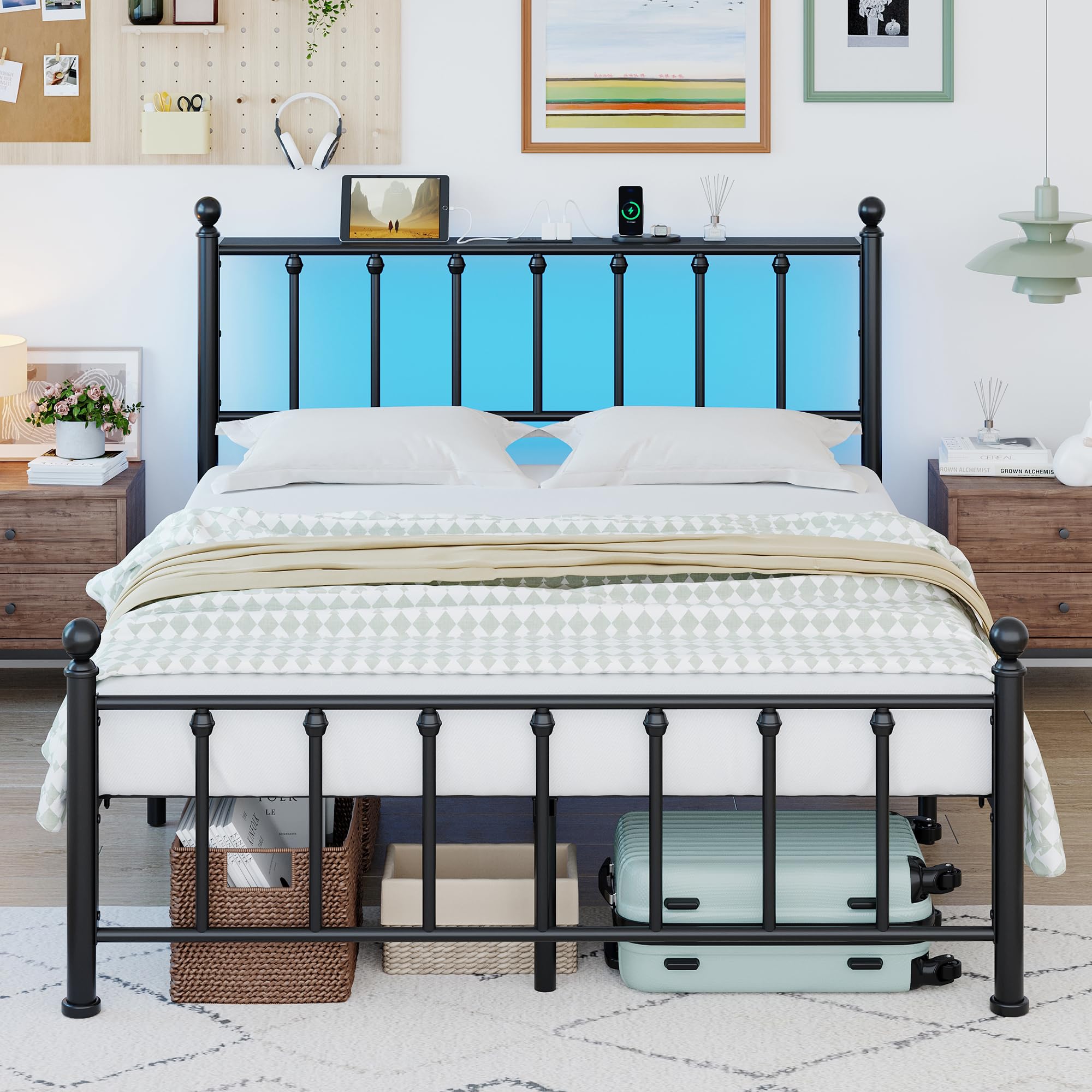 Queen Size Bed Frame with Headboard and Footboard Metal Platform Bed Frames with LED Lights & Charging Stations,Under Bed Storage Clearance, No Box Spring Needed, Easy Assembly, Noise Free