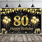 Happy 80th Birthday Banner, Black Gold 80th Birthday Party Decorations for Men Women Her Him, 80 Year Old Birthday Supplies Backdrop Décor, 5.9 X 3.8 Fts