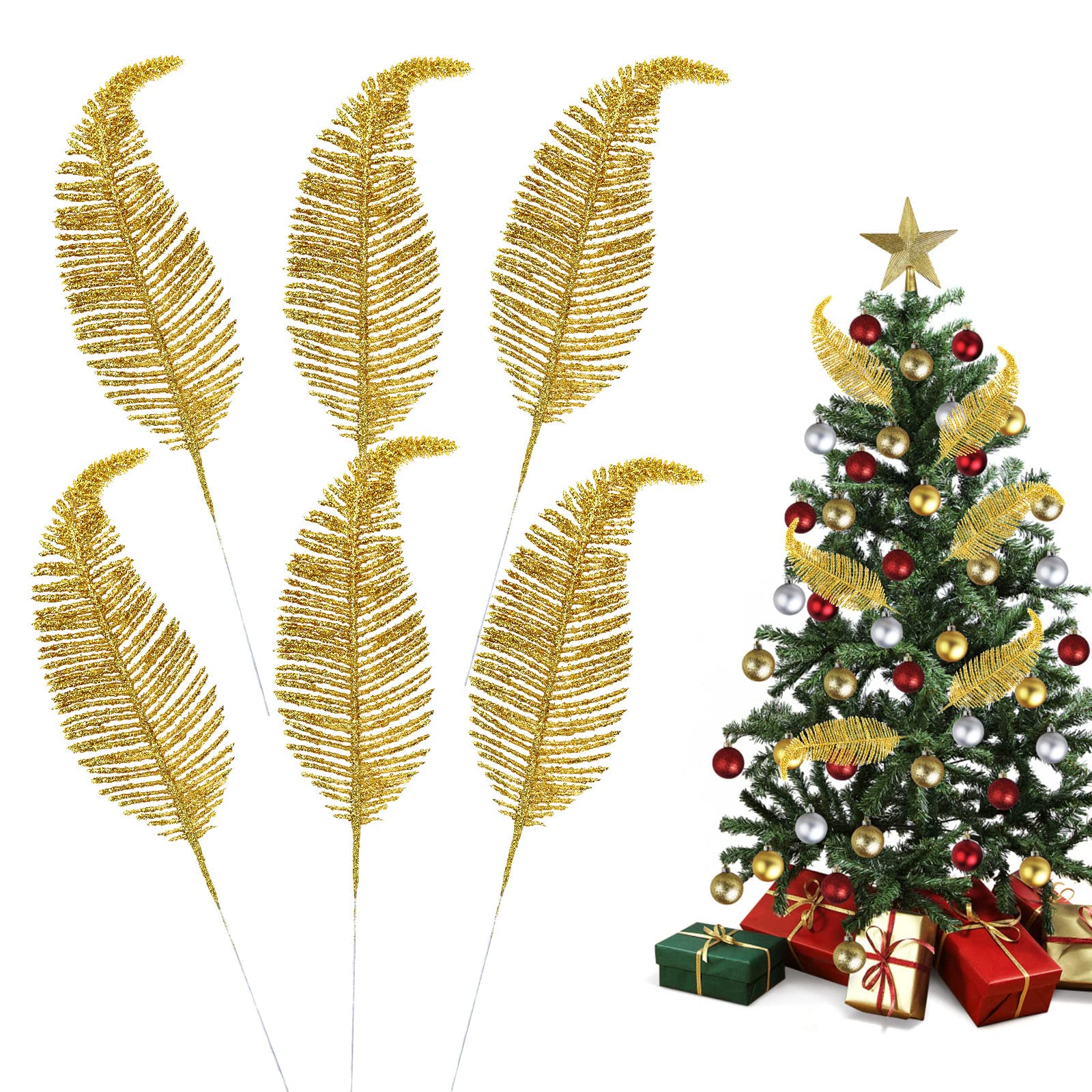 Muiltvoe 6PCS Gold Christmas Tree Decorations 10.6 Inch Christmas Glitter Feathers, Artificial Glittery ChristmasTree Feather Ornament Christmas Tree Baubles for Wedding Home Xmas Decorations