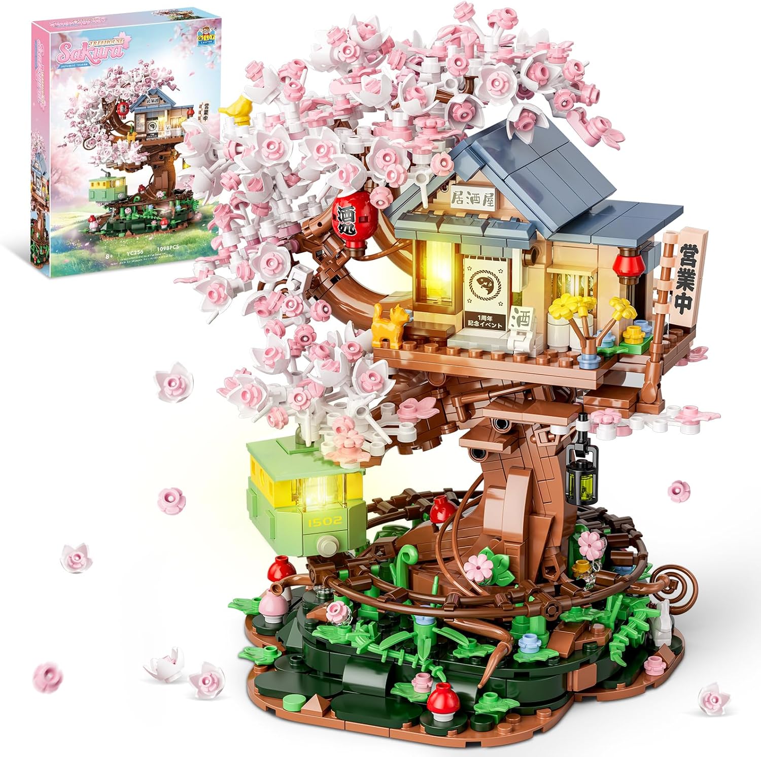 Cherry Blossom Treehouse Building Set for Girls 8-12, Compatible with Lego Friends, Flowers House Japanese Izakaya Shop Architecture Building Blocks with Light for Adults, Gift Toy for Kids (1098 PCS)
