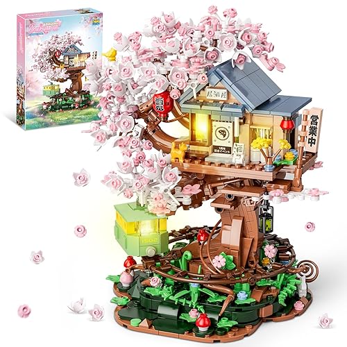 Cherry Blossom Treehouse Building Set for Girls 8-12, Compatible with Lego Friends, Flowers House Japanese Izakaya Shop Architecture Building Blocks with Light for Adults, Gift Toy for Kids (1098 PCS)