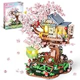 Cherry Blossom Treehouse Building Set for Girls 8-12, Compatible with Lego Friends, Flowers House Japanese Izakaya Shop Architecture Building Blocks with Light for Adults, Gift Toy for Kids (1098 PCS)