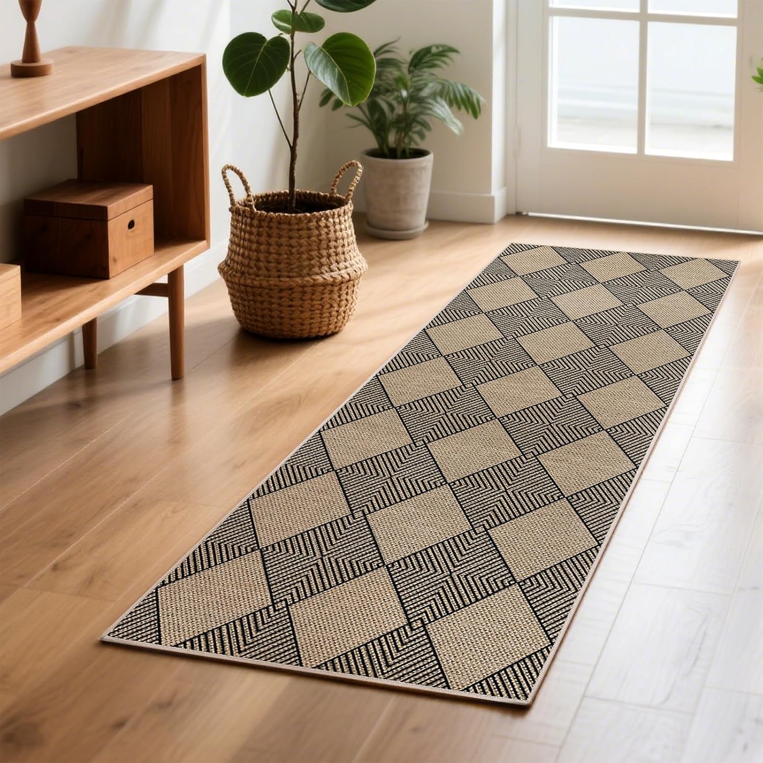 SHACOS Easy Jute 2x6 ft Washable Runner Rug Non Slip Low Pile Woven Texture Geometric Diamond Farmhouse Rug for Entryway Hallway Patio Kitchen Porch Indoor Outdoor, Black Checkered - Image 9