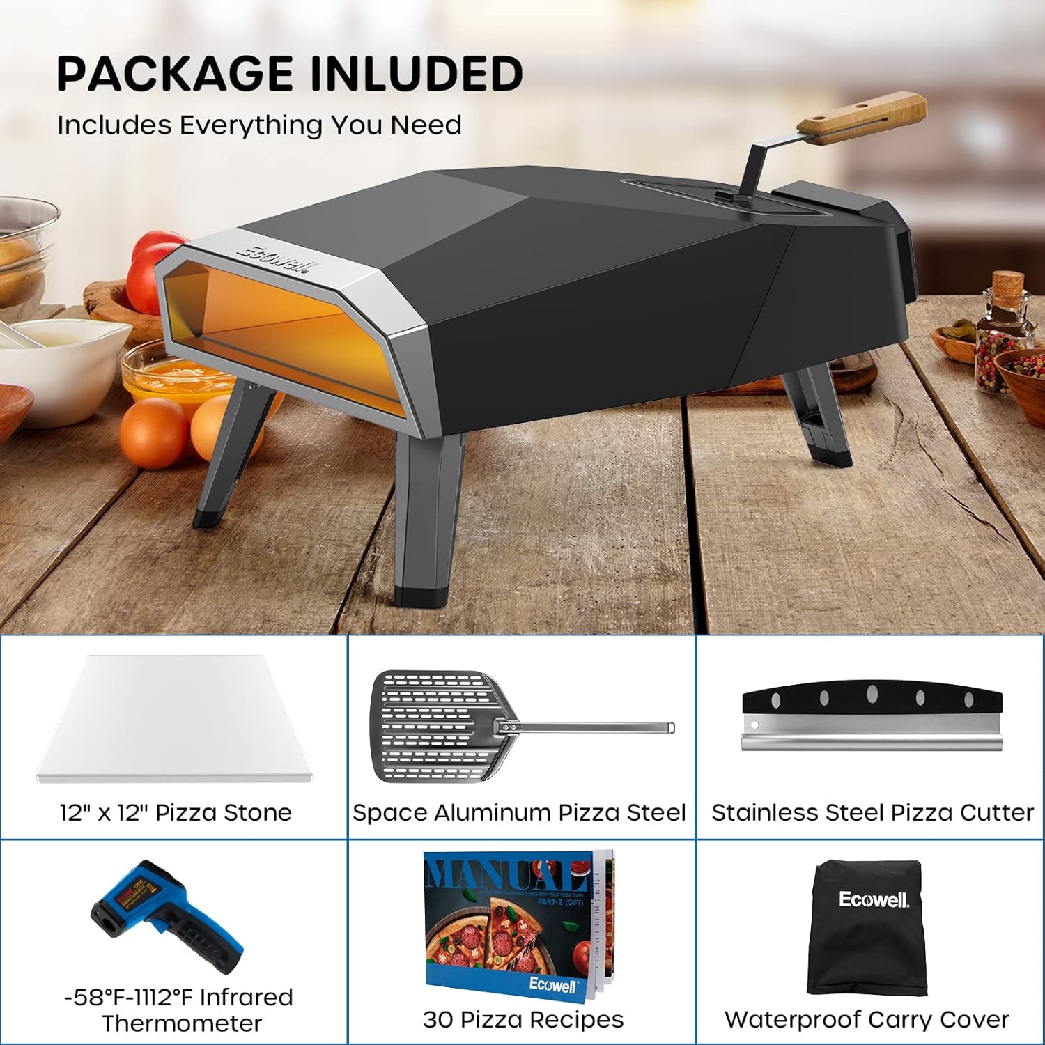 12 inch Wood Pellet Pizza Oven Outdoor, Portable Wood Fired Pizza Oven with Stone, Stainless Steel Camping Pizza Oven for Backyard Party, Manual Ignition, Fast Heating