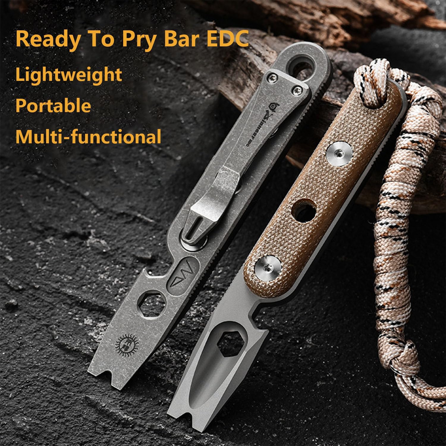 Titanium EDC pry bar, bottle opener keychain outdoor tool,Nail puller/pocket clip with hex wrench, portable multifunctional tool. (Stone Washing)