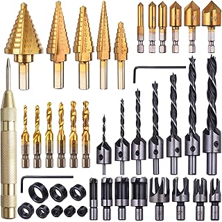 42-Pack Wood Working Tools Including 6 Countersink Drill Bit Set for Wood, 7 Counter Sinker Drill Bit Set, 8 Plug Cutters for Wood, 5 Step Drill Bit, 6 Drill Tap Set and 8 Drill Stop Bit.
