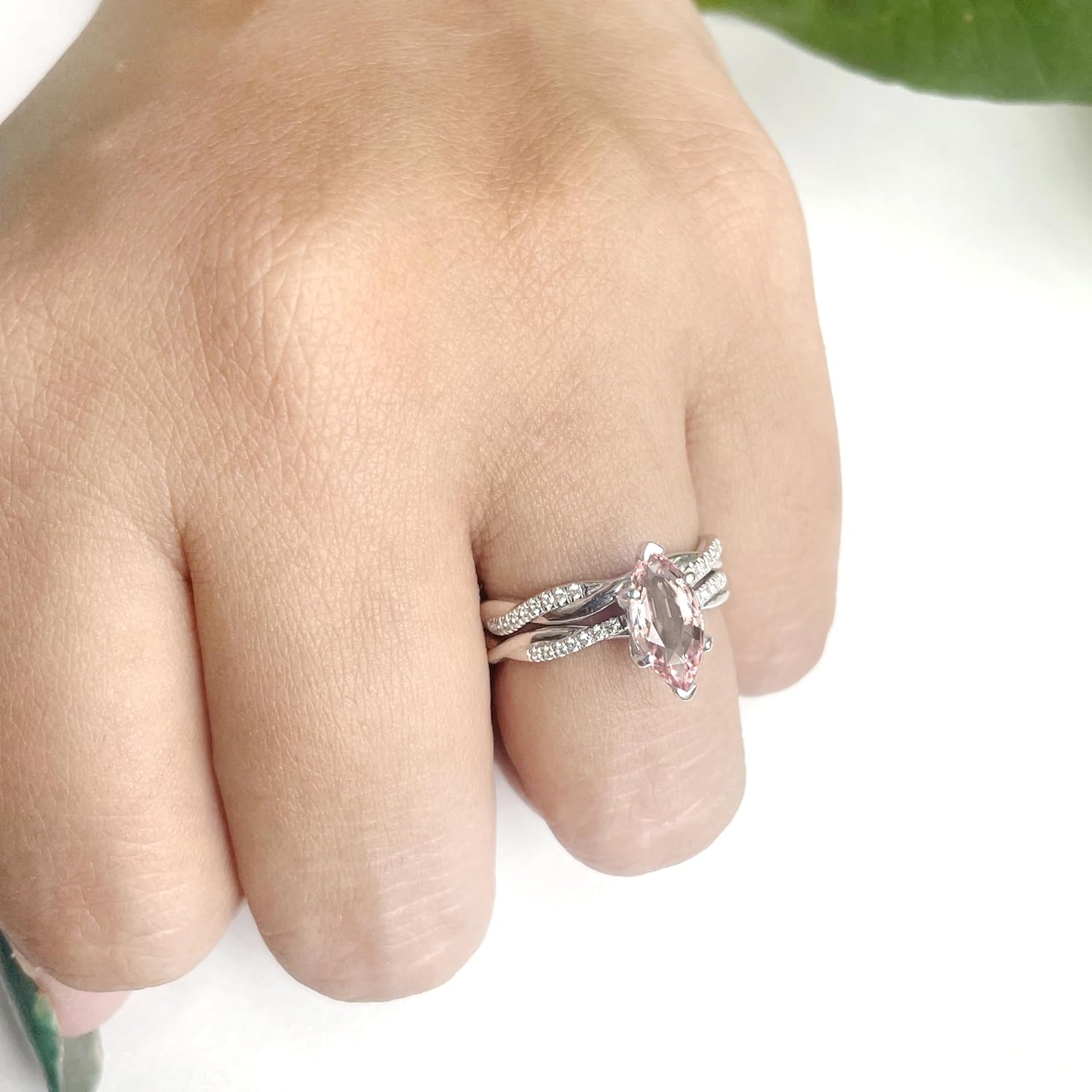 1 Carat Marquise Cut Moganite & Diamond Twisted Solitaire With Accent Engagement Bridal Set For Women, 14K Gold Plated 925 Silver Swirl Bypass Engagement Ring Set
