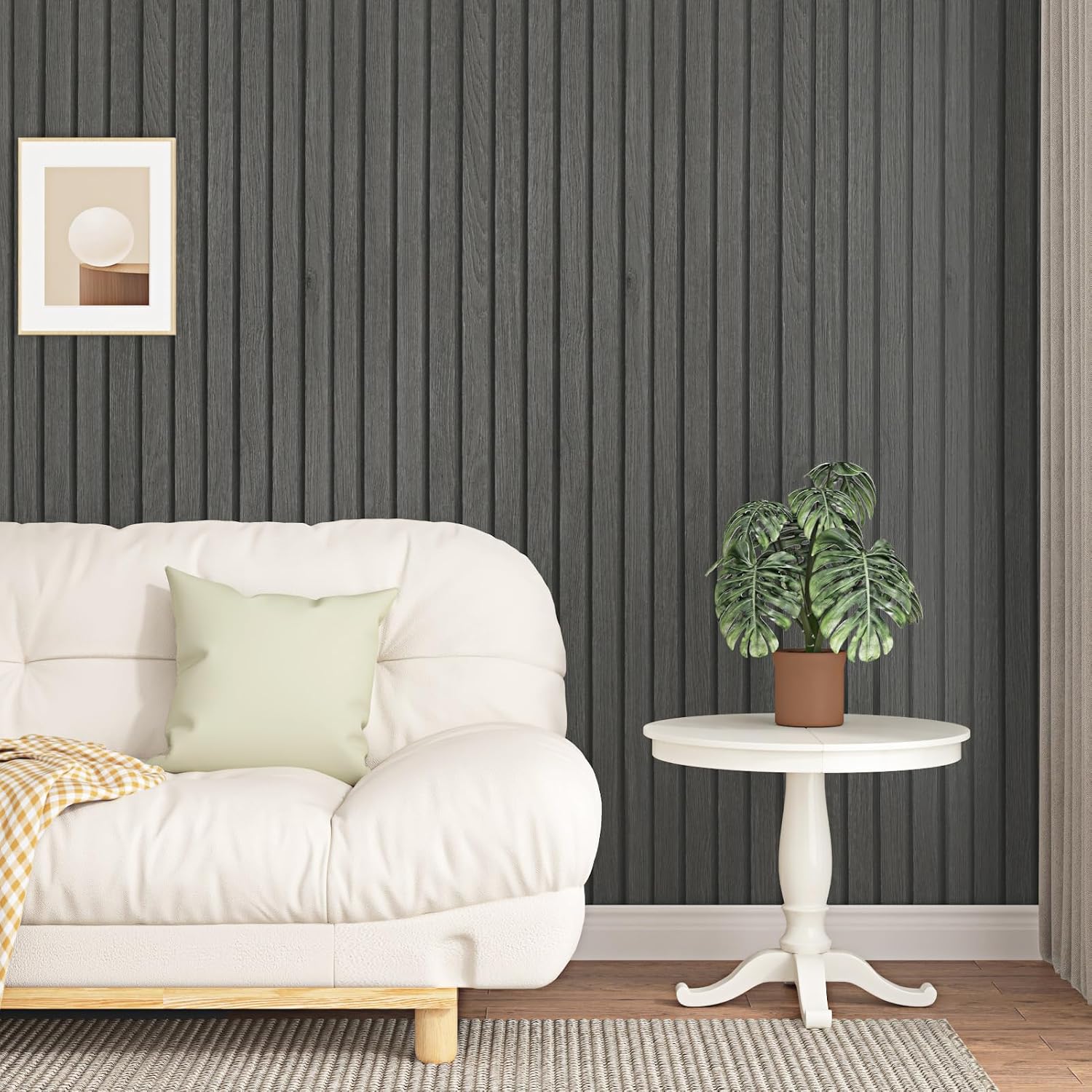 Black Grey Wood Panels for Wall Peel and Stick Modern Strips Wood Slat Wallpaper Waterproof Wooden Slats Textured Adhesive Wall Panel for Bedroom Bathroom 17.7"x315" Stick on Walls Panels
