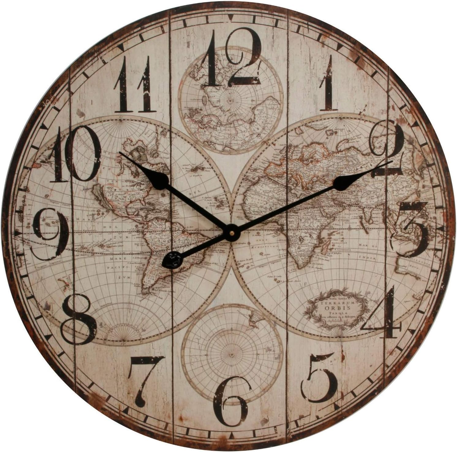 Vintage Style Wooden Panel World Map Wall Clock 60cm w arabic dial