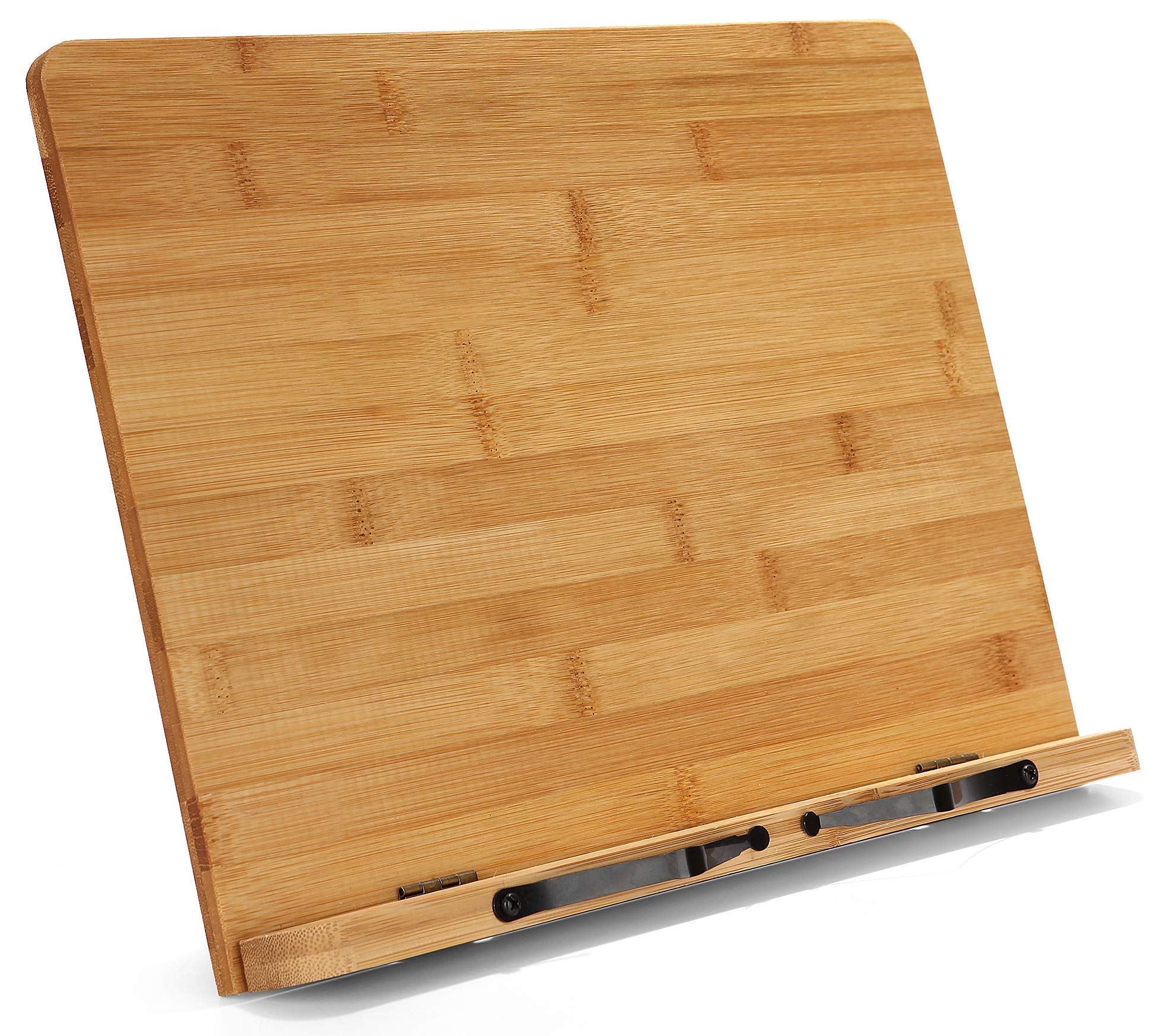 Large Bamboo Book Stand - Adjustable Foldable Book Holder Tray with Page Holder Clips - Holds Cookbooks, Receipe Books, Textbooks, Tablets, Laptops, Music Books, Documents - 15.2" x 11.2" Main Board