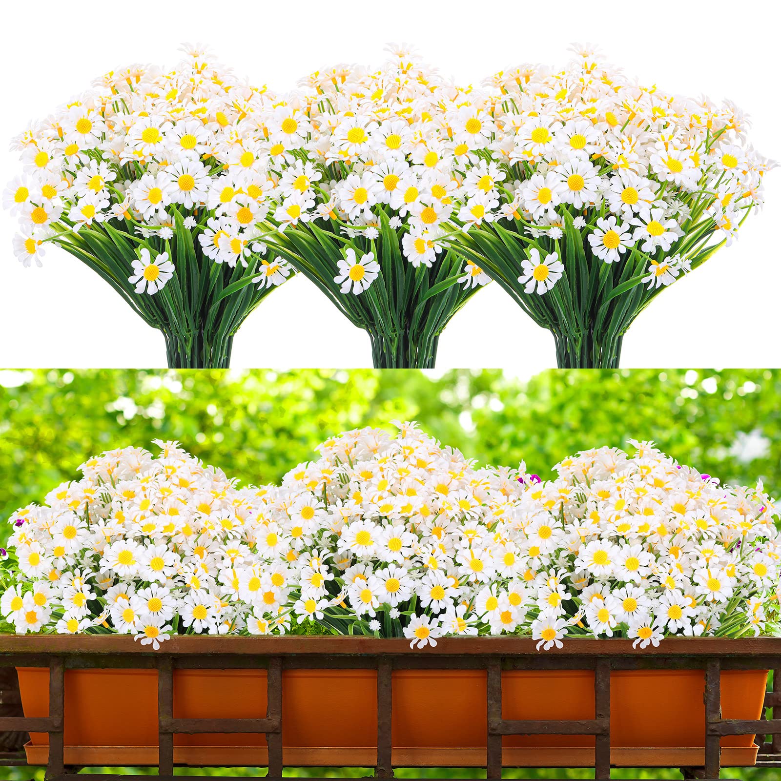 Artificial Daisy Flowers Outdoor UV Resistant Flowers Shrubs Plastic Flowers Hanging Fake Daisies Plants Faux Mums for Wedding Cemetery Porch Window Planter Indoor Decor (White, 30 Bundles)