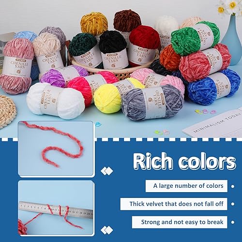 Miniatura 5 de Hilo de chenilla de 14 onzas, hilo de felpilla de terciopelo suave para tejer y tejer, hilo de terciopelo con marcador de puntada, agujas de ojo