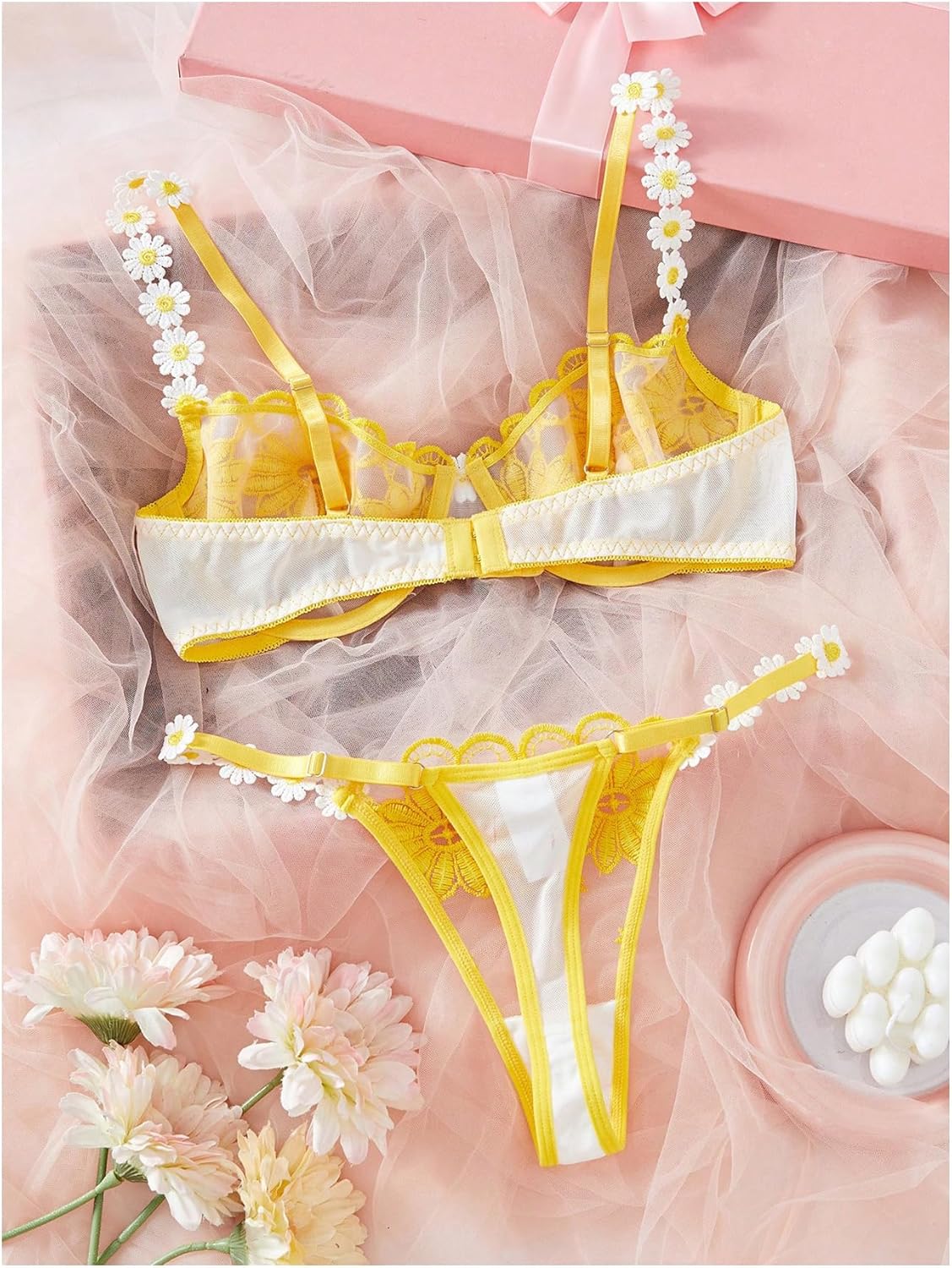 OYOANGLE Women's Floral Embroidery Lace Sheer Lingerie Set See Through Underwire Bra String Thong Sets - Image 2