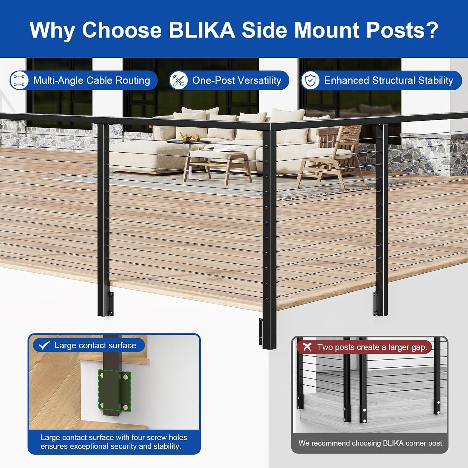 BLIKA 4FT-10FT Complete Set 36" Side Mount Cable Railing Post Kits, Fascia Mount Deck Posts, Black Swageless Cable Railing System Include 2 Level Posts, 150FT 1/8" Stainless Cable(No Handrail)