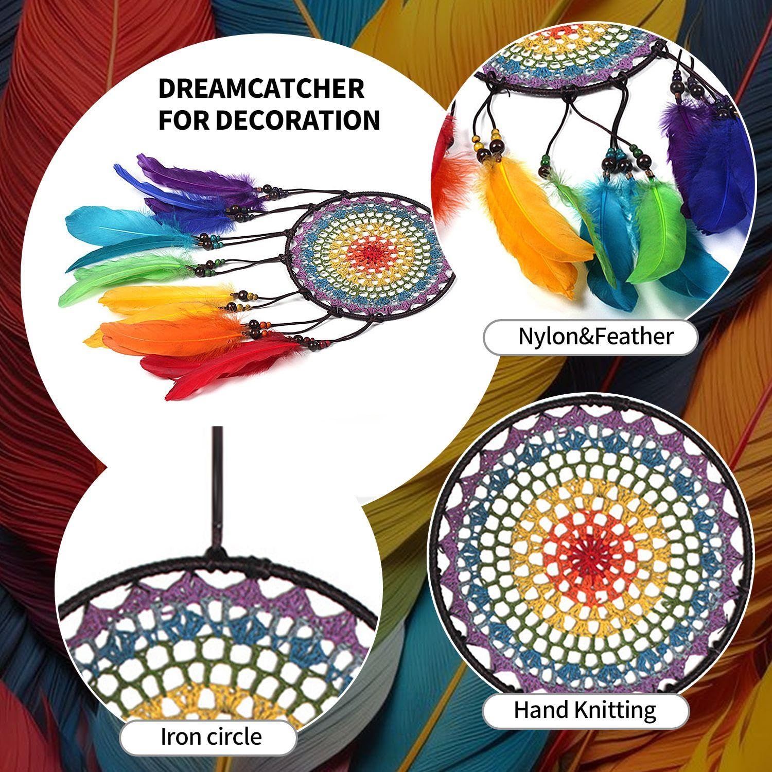 1 Piece Of Dream Catcher Pendant, 1 Piece Of Hook, Wall-Mounted Dream Catcher, Colorful Feather Dream Catcher - Image 3