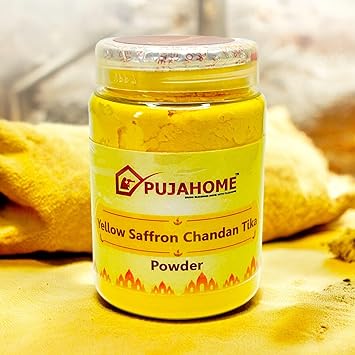 Pujahome Yellow Saffron Chandan Tika Powder - 100 Gram | Safe for Skin | Long-Lasting Fragrance | Ideal for Daily Pooja, Tilak Religious, Hawan Spiritual & Traditional Use - image, photos