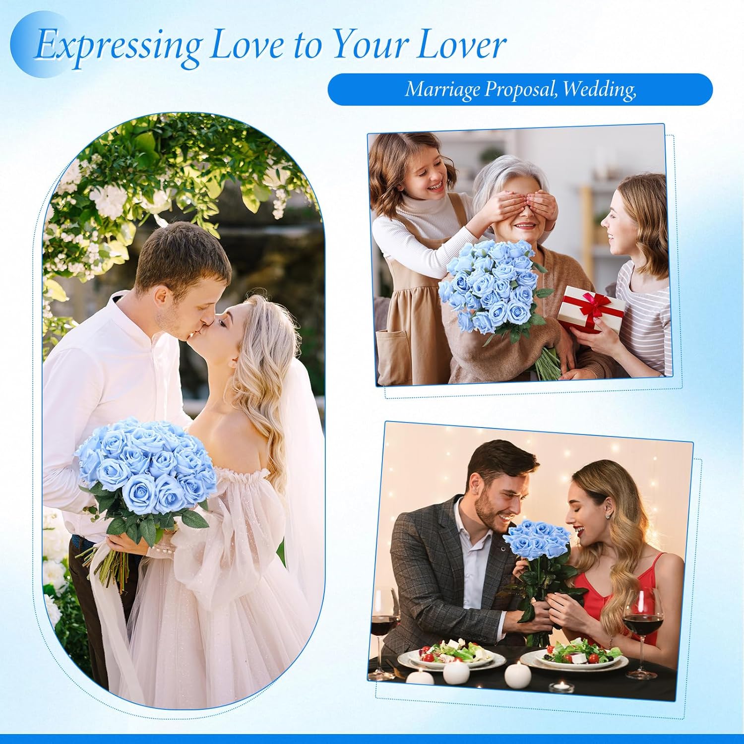 Hotop 40 Pcs Rose Artificial Flowers Bulk with Long Stem,Realistic Silk Fake Roses Bouquet for Home Wedding Centerpieces Party Table Decoration Valentines Gifts(Light Blue) - Image 5