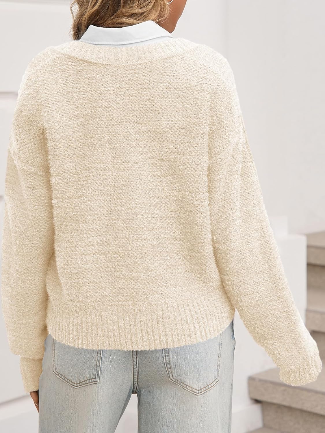 Saodimallsu Womens V Neck Pullover Sweaters Casual Knit Long Sleeve Loose 2025 Fall Cropped Tops - Image 3