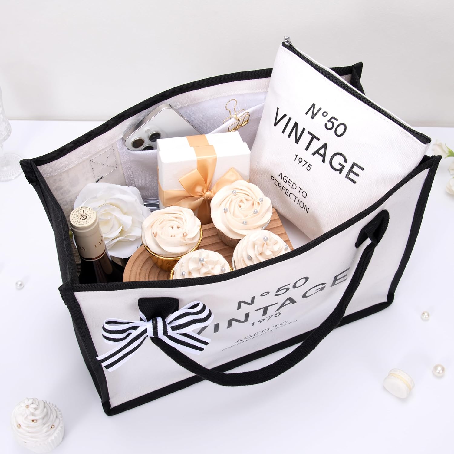 Crisky 50th Birthday Gifts for Women Canvas Tote Bag N50 Beach Bag for Wife/Sister/Mom/Aunt/Friends 50th Birthday Gifts,17" x 12" x 7" - Image 6