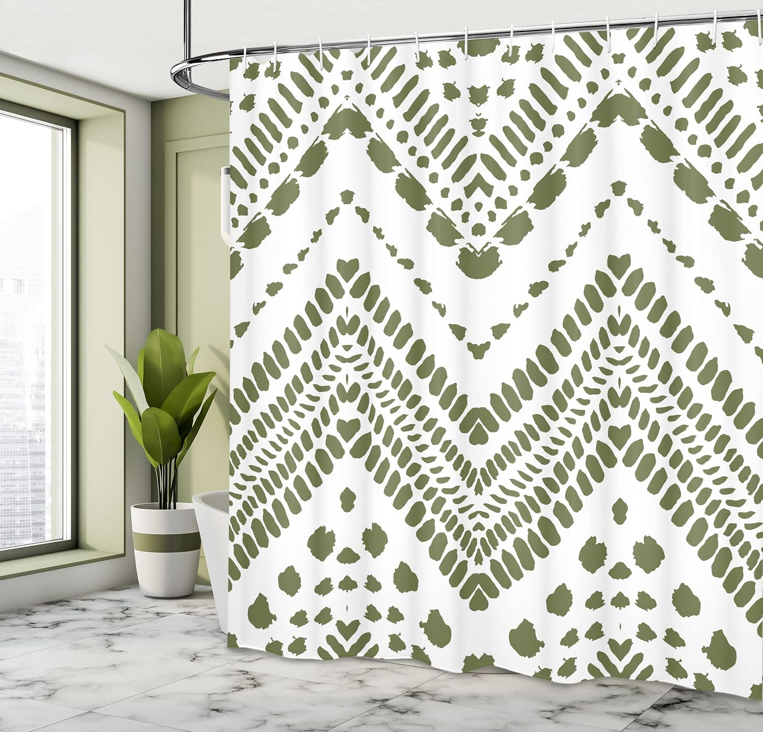Ambesonne Chevron Shower Curtain, Hand Drawn Aztec Pattern Primitive Clan Motif with Dashed Lines Artwork, Cloth Fabric Bathroom Decor Set with Hooks, 69" W x 70" L, Sage Green