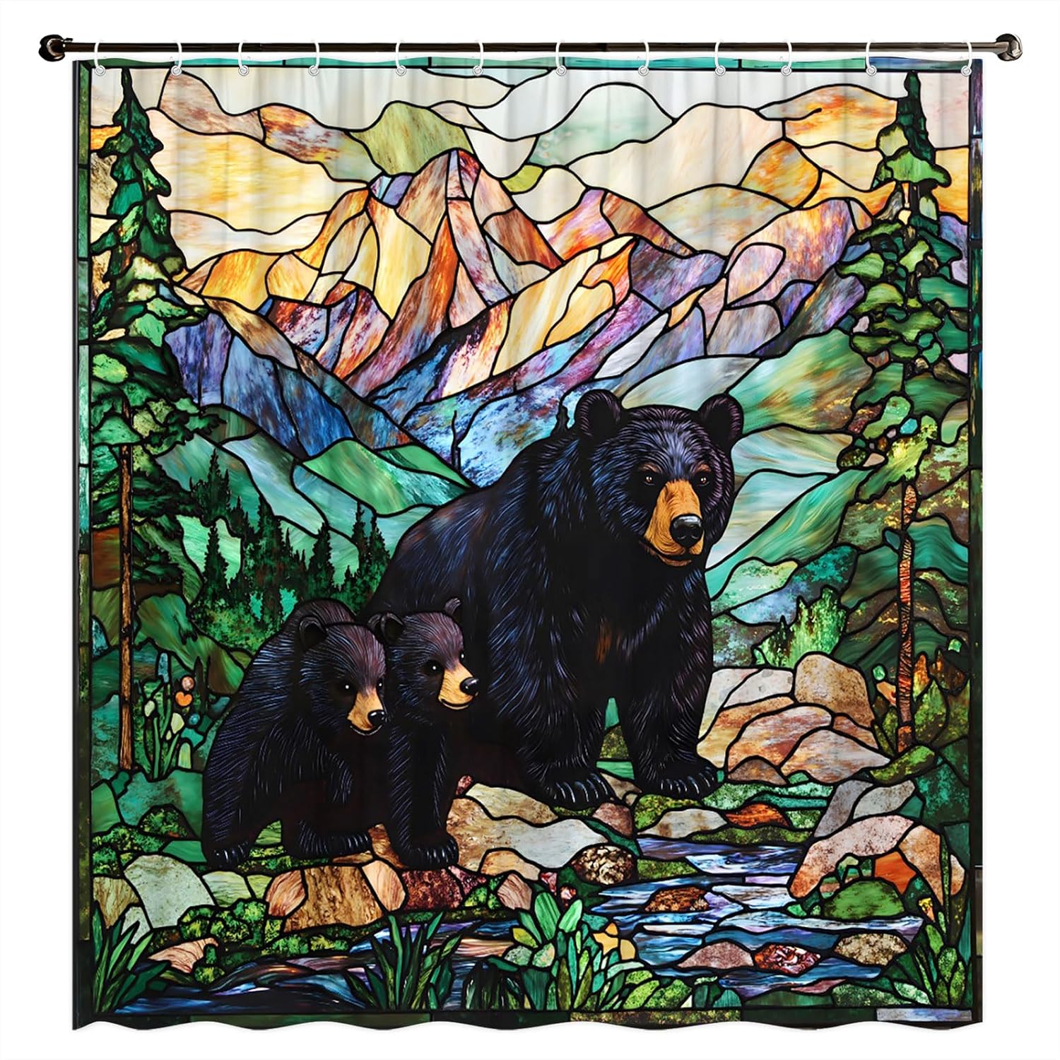Black Bear Shower Curtain Funny Wild Animal Family Rustic Nature Mountain Lake Camping Hunting Modern Abstract Stained Glass Decorative Curtain with Polyester Fabric