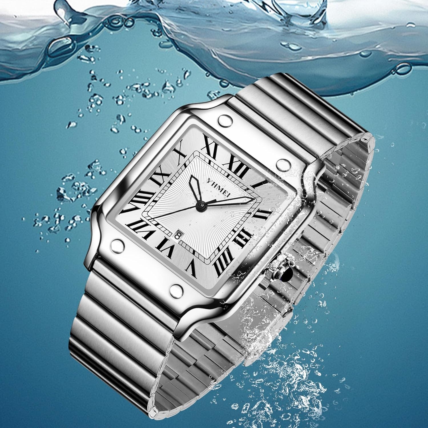 CARLIEN Unisex Classic Square Roman Numerals Silver Analog Waterproof Watches for Women Men Stainless Steel Strap Date Display Casual Wristwatch